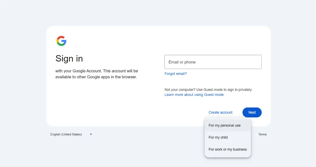 登陆页面点击创建 Google 账号
