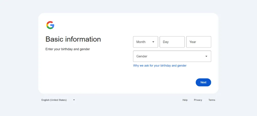 填写生日和性别页面