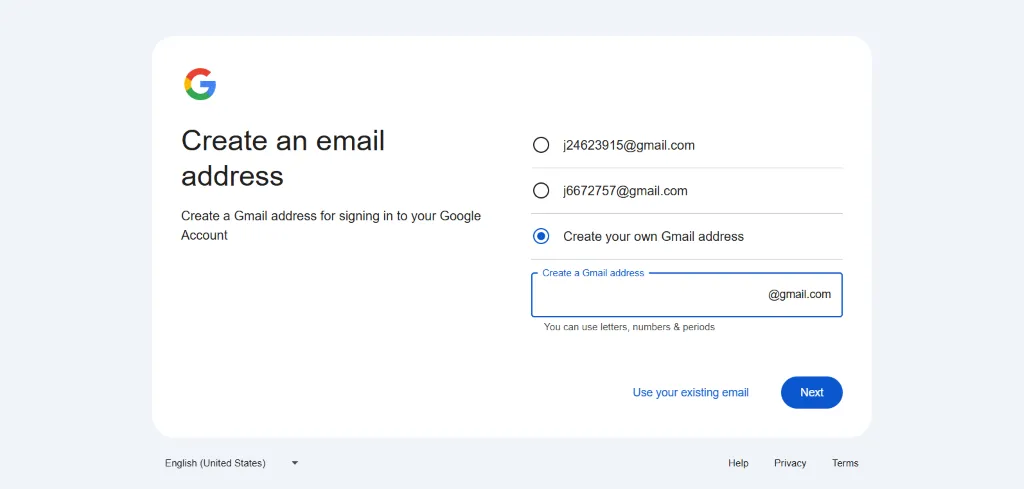 选择或自定义邮箱地址页面